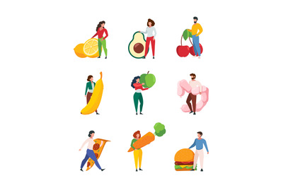 People holding food. Characters with products fruits and vegetables me