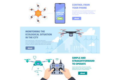 Drones banners. Cityscape surveillance flying smart robots delivery se