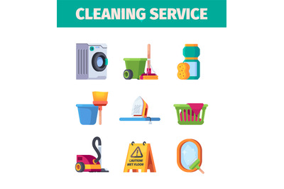 Laundry service. Washing tools cleaning items housekeeping garish vect