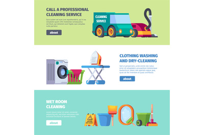 Cleaning service banners. Washing staff laundry tools broom bucket rag