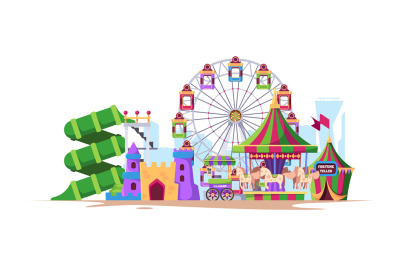 Amusement background. Landscape fun city with attractions for kids big