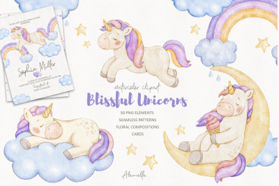 Blissful Baby Unicorns watercolor illustration