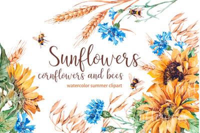 Watercolor sunflowers, cornflowers and bees set