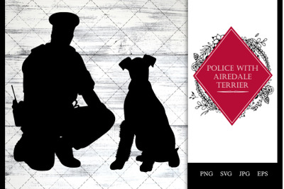 Police/ Cop with Airedale Terrier Dog Sitting SVG Vector