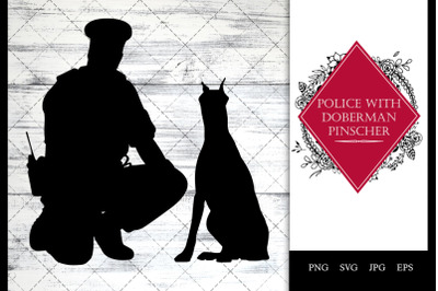police/ Cop with Doberman Pinscher Dog Sitting SVG Vector