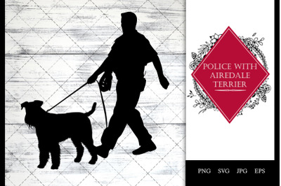 Police/ Cop with Airedale Terrier  Dog Walking SVG Vector