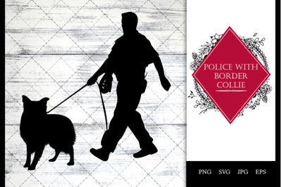 Police/ Cop with Border Collie Dog Walking SVG Vector