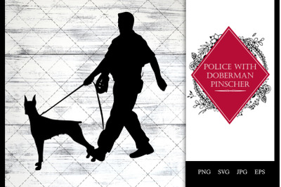 Police/ Cop with Doberman Pinscher Dog Walking SVG Vector