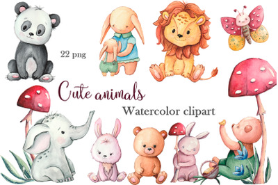 Cute animals watercolor clipart