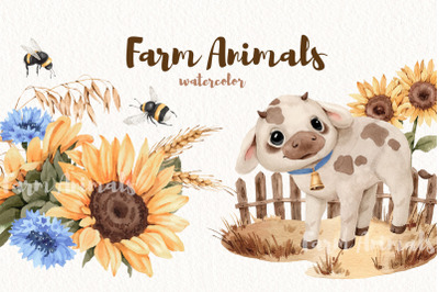 Watercolor Farm Cute Little Animals set
