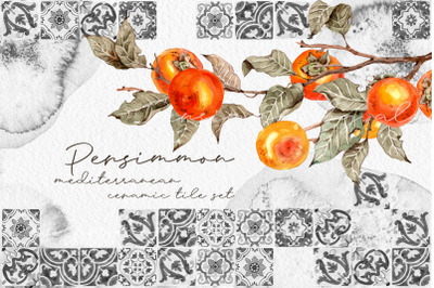 Persimmon Mediterranean ceramic tile. Orange fruits on the brunches