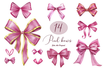 Pink bows Clipart set Watercolor Valentine&#039;s day