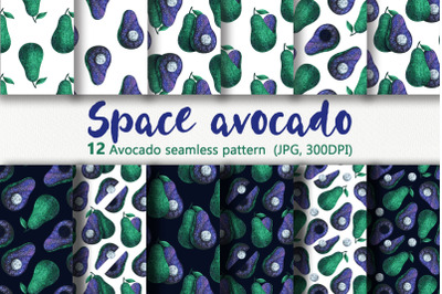Space avocado watercolor seamless pattern