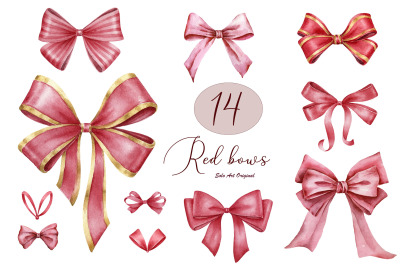 Red bows Valentine&#039;s day Christmas Watercolor Clipart set