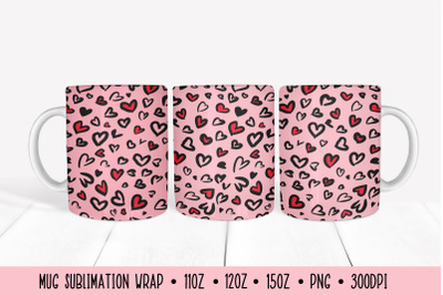 Pink Hearts Leopard Mug Sublimation Design. Valentines Mug