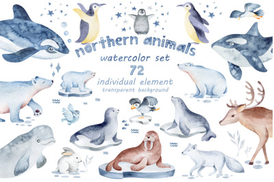 Northern animals. Set of 72 individual elements.