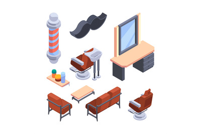 Barber shop isometric. Professional stylist workers shaving hair and b