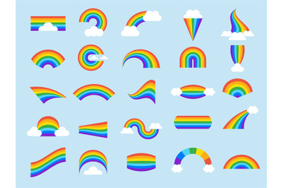 Rainbow set. Stylized curves colored rainbow lines in clouds weather n