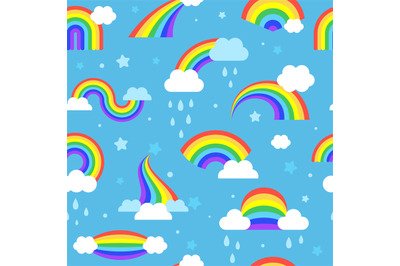 Rainbow pattern. Colored textile designs with weather rainbows in clou