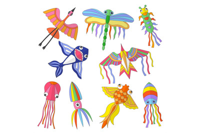 Colored kites. Funny flying animals spring and summer outdoor attracti