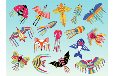 Kites animals. Flying colored kites for happy kids air attractions out