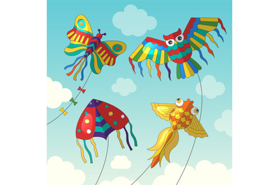 Fly kites. Beauty joyful outdoor kites in sky cloudy and shiny weather