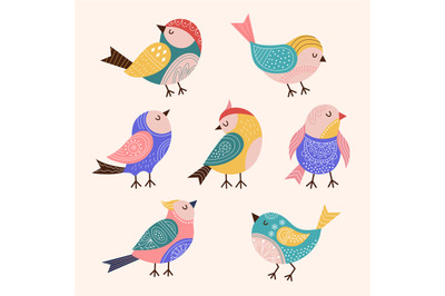 Decorated birds. Trendy stylized colored flying birds with folk and bo