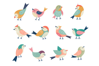 Flying birds. Decorative folk stylized illustrations of birds recent v