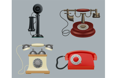 Retro phones realistic. Old style vintage gadgets ringing telephone fo