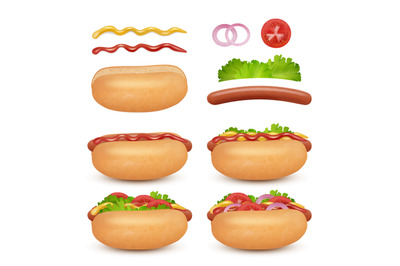 Hotdog realistic. Sausages buns meals tomato sauce fast food hamburger