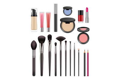 Makeup items. Brushes for beauty womans eyeshadows lipstick powder for