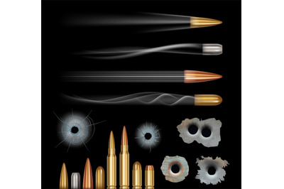 Bullet holes. Bullets realistic, cracked surface. Hunters elements and