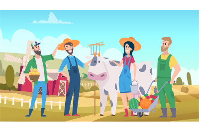 Cute farmers. Agricultural worker, farm landscape. Farmer characters,