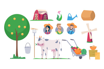 Farm elements. Farmers avatars, cow tree. Agricultural tools, village