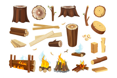 Lumber. Logs and timbers, wooden boards. Tree branches, wood shavings