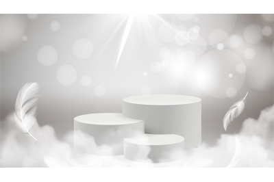 Podium background. Grey realistic stand&2C; clouds and shine elements. Wi