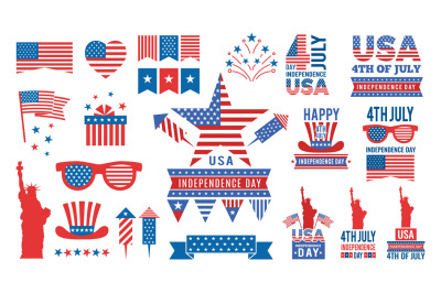 USA independence day bundle. Flags&2C; red blue stars labels and banners.