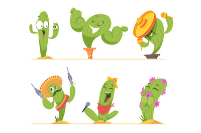 Cactus characters. Mexico authentic plants happy faces in cartoon styl