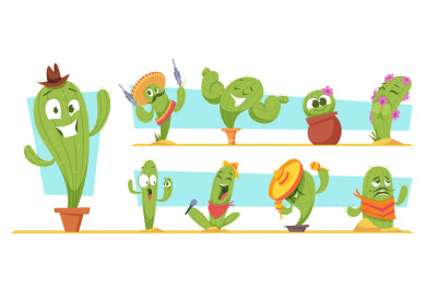 Green cactus. Funny characters in action poses stylish green mexican p