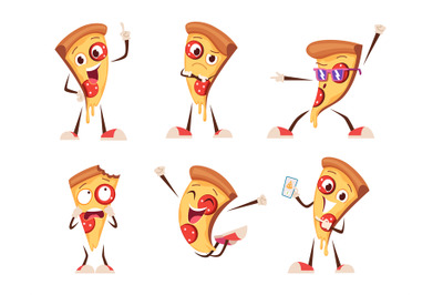 Pizza characters. Fast food products happy cartoon persons in action p