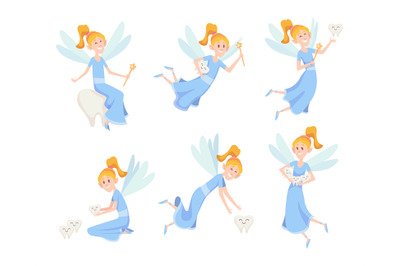 Tooth fairy. Cute little flying princess with wings in action poses ex