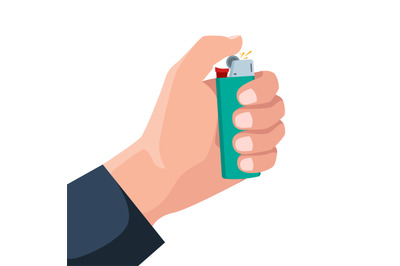 Hand lighter. Man holding in hand fire gas flame lighter for cigarette