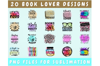 Book Lover Sublimation Designs Bundle, 20 Designs, Reading PNG Files