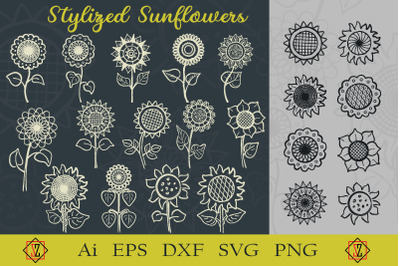 Bunch of stylized sunflowers. Sublimation. Clipart.