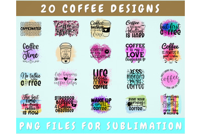 Coffee Quote Sublimation Designs Bundle, 20 Designs, Coffee PNG Files