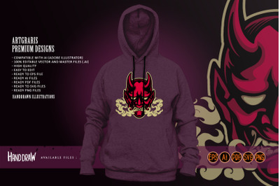 Scary smoke red hannya mask logo mascot