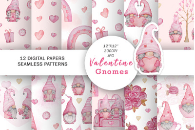 Watercolor Valentine Gnomes Digital Papers