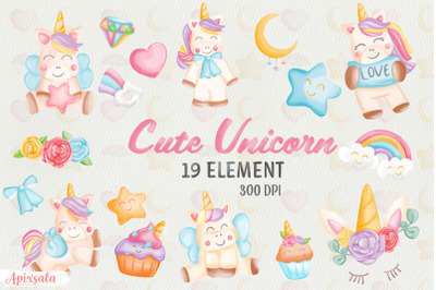 Cute Unicorn Watercolor Clipart Bundle