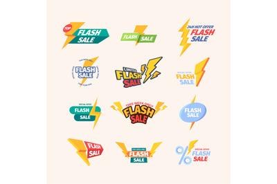 Flash sales. Colorful promo titles advertising badges and countdown ba