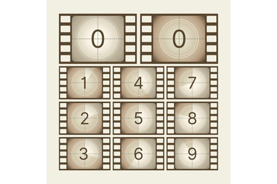 Cinema countdown. Retro movie scratch tape with numbers screen frames